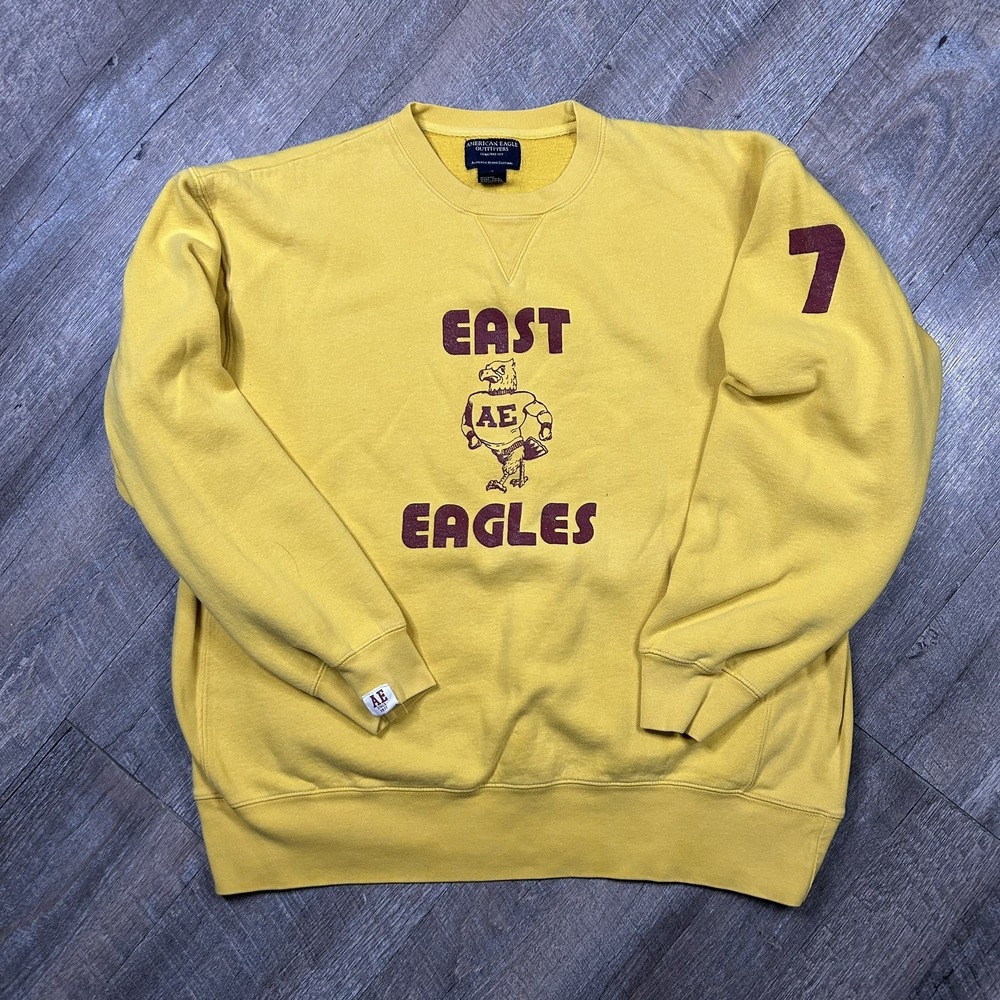 Vintage American Eagle Sweatshirt Mens Large Yellow Fleece Football Y2K varsity